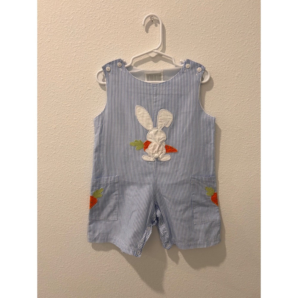 Lil Cactus‎ Boys Blue Seersucker Bunny Carrot Easter Romper Shortall 3T